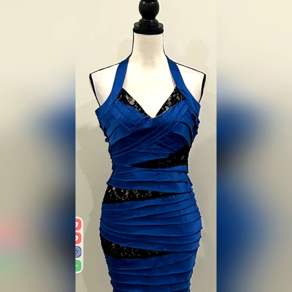 Bebe Formal Bandage Dress Elegant Blue and Black Halter Dress Above Knee